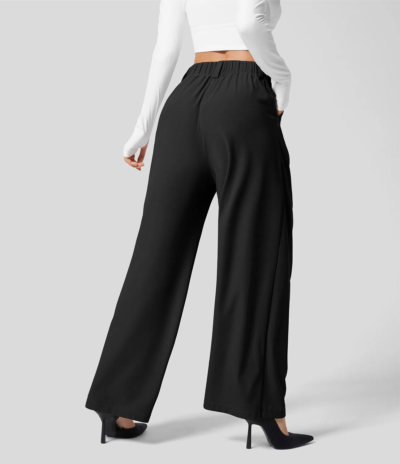 High Waisted Plicated Side Pocket Wide Leg Waffle Work Pants