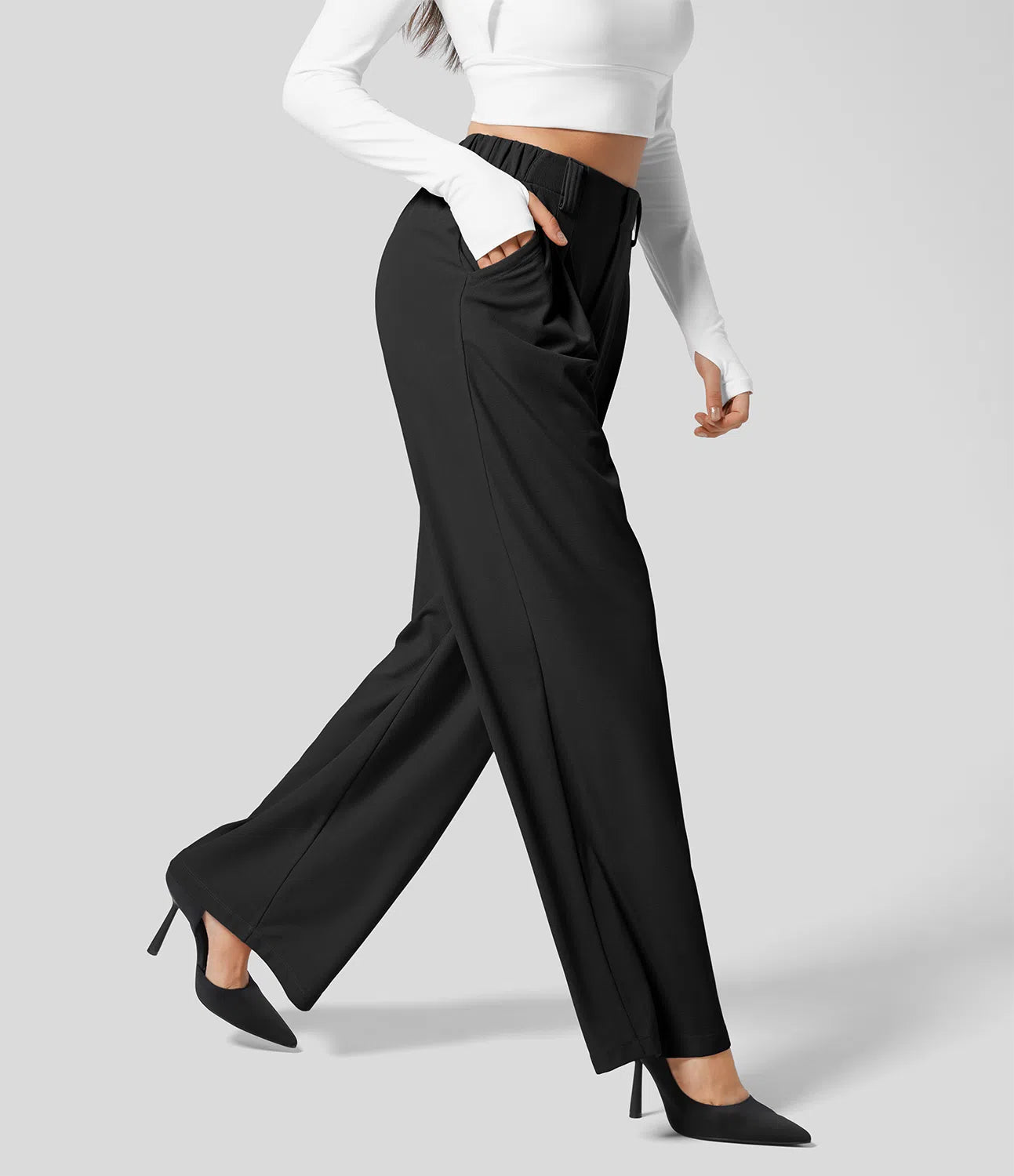 High Waisted Plicated Side Pocket Wide Leg Waffle Work Pants