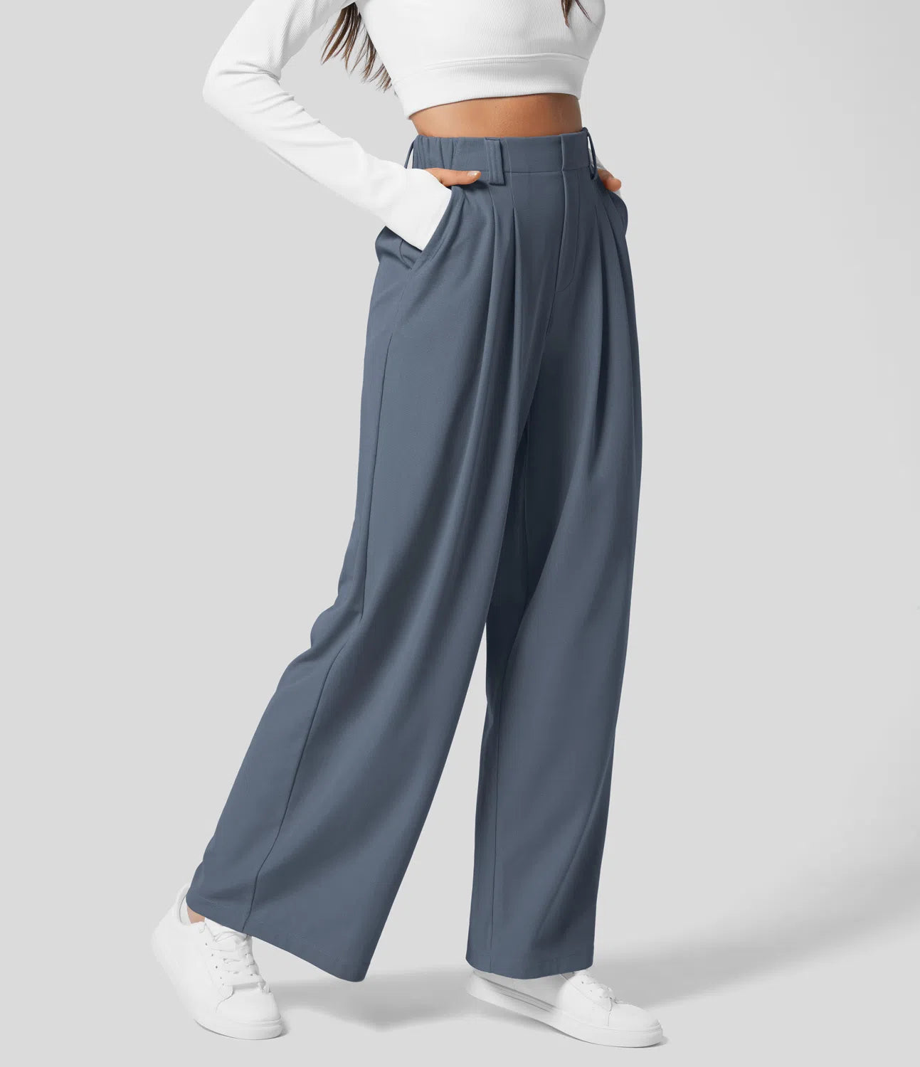 High Waisted Plicated Side Pocket Wide Leg Waffle Work Pants