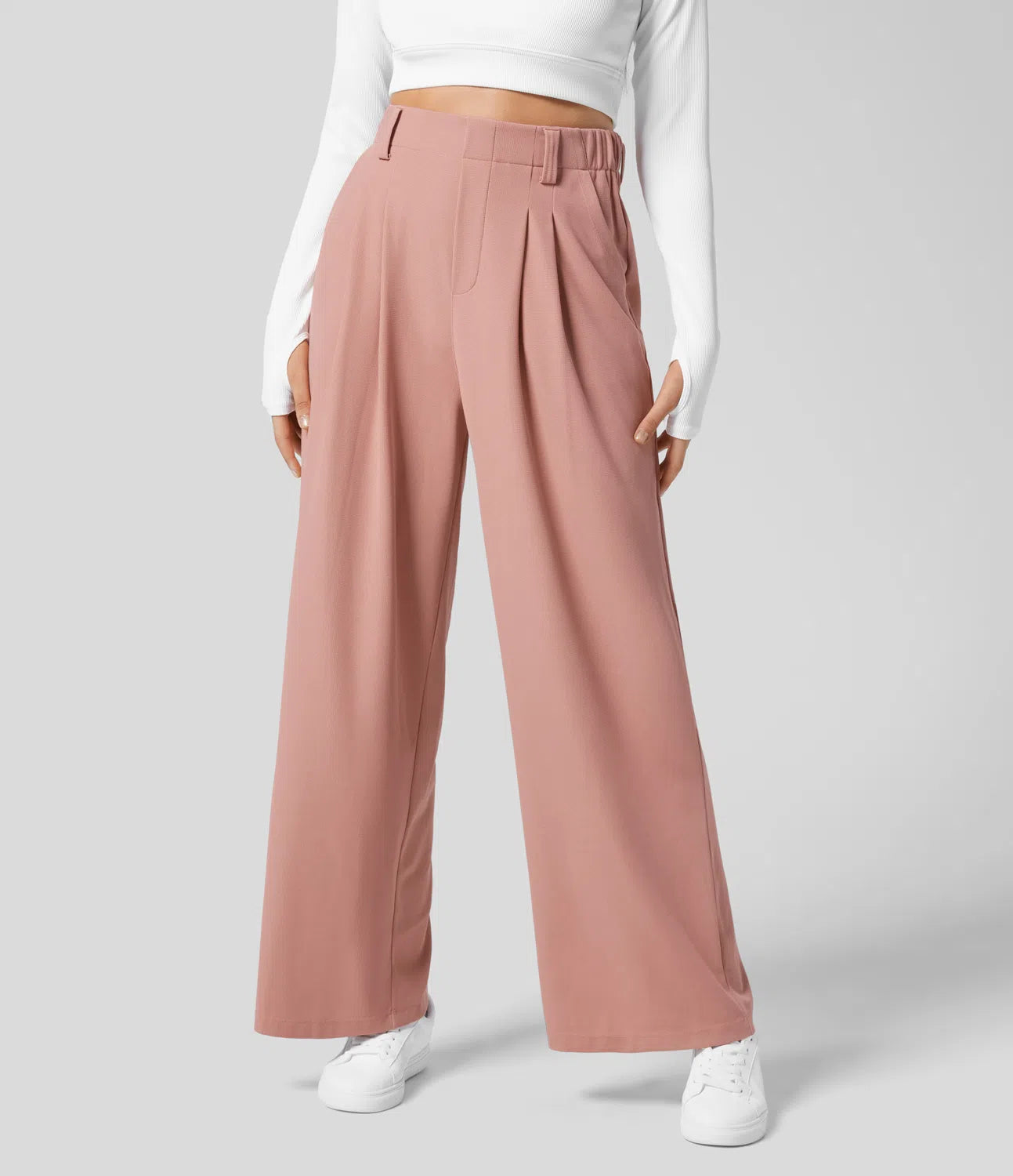 High Waisted Plicated Side Pocket Wide Leg Waffle Work Pants